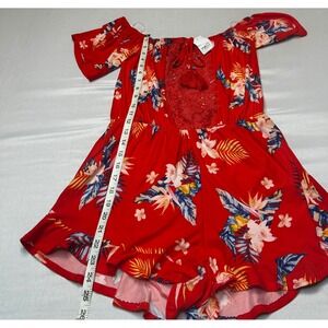 rue21 Red Tropical Floral Off The Shoulder Lace Tassel Romper NWT